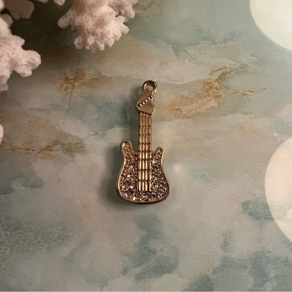 Guitar Jeweled Gold Tone Pendant